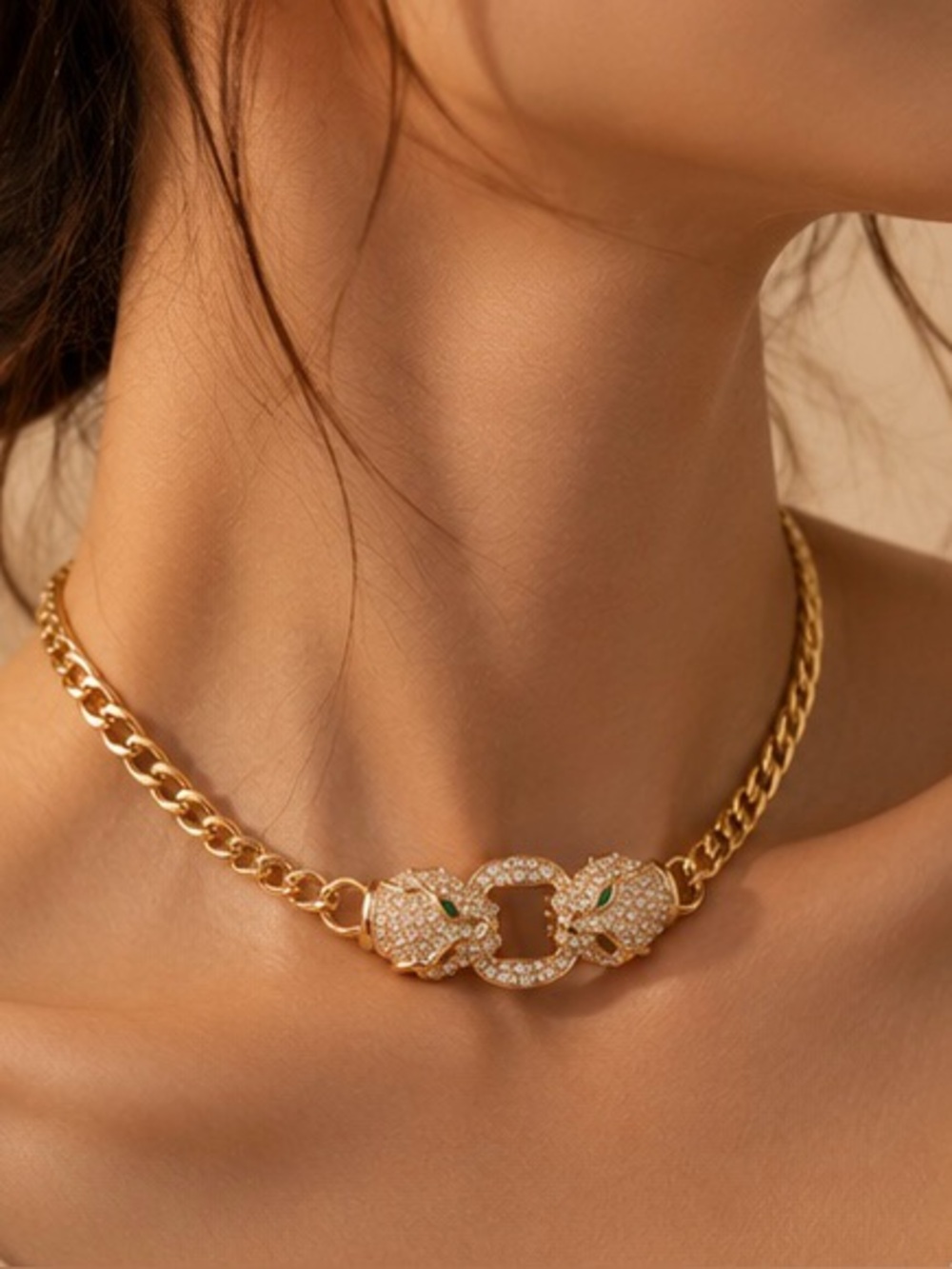 Gold Panther Chain Necklace Crystal Leopard Clasp Necklace Statement Luxe Jewelr